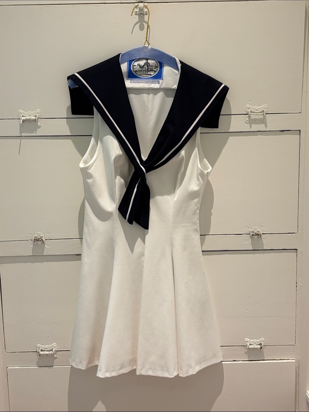 Medium Zara Sailor-Collar White Mini Dress with Navy Trim